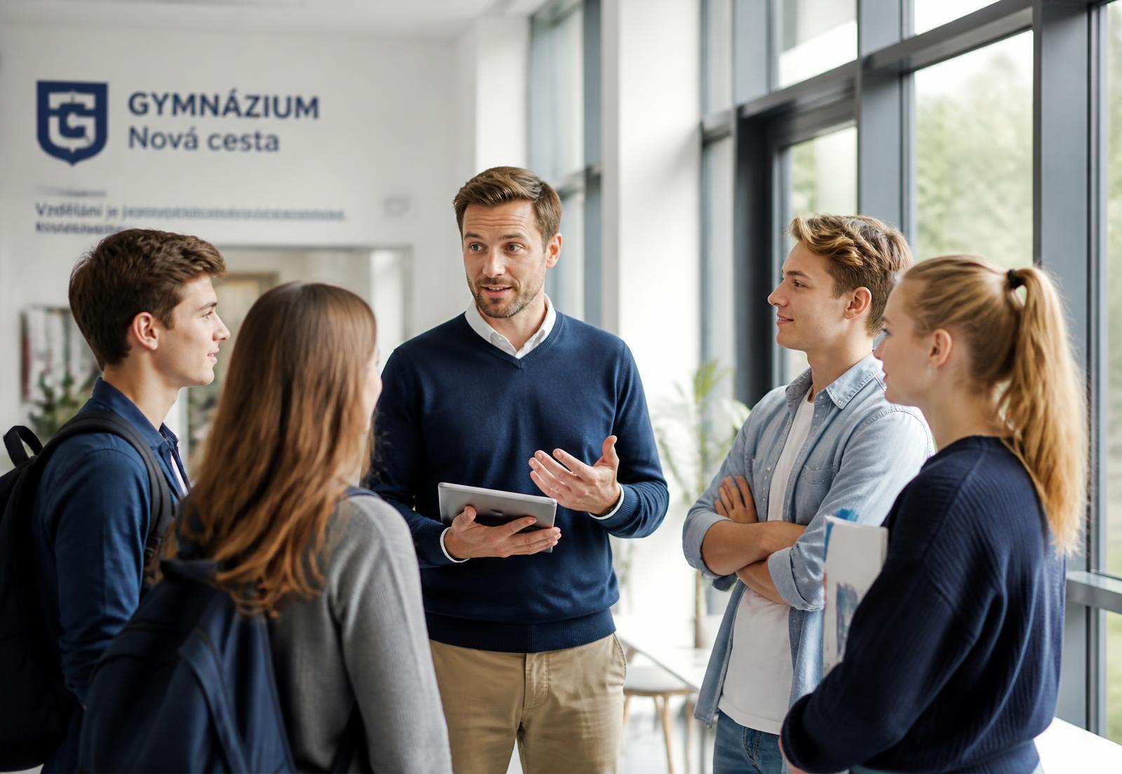 Pedagog v moderní školní budově hovoří s menší skupinou studentů